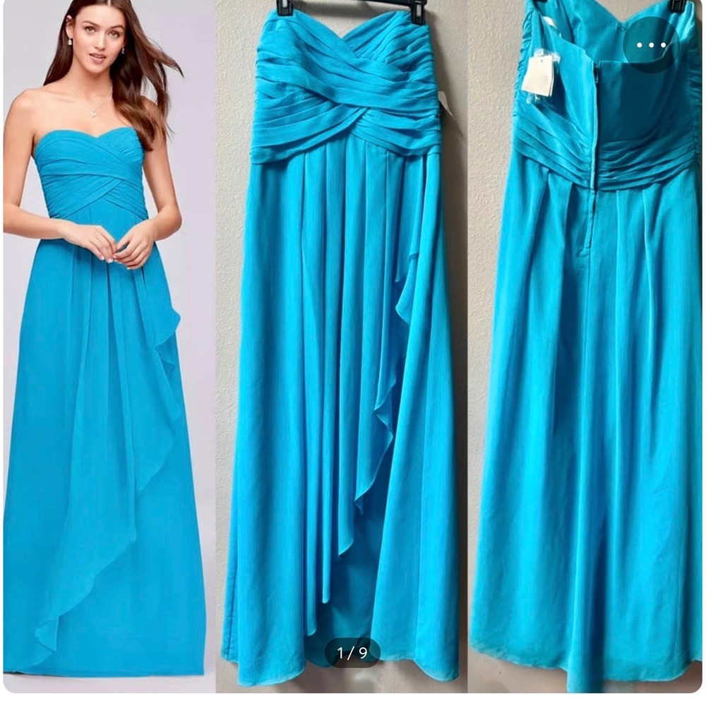 Davids Bridal Maxi Dress Long Strapless Crinkle Chiffon Malibu Blue Formal 12